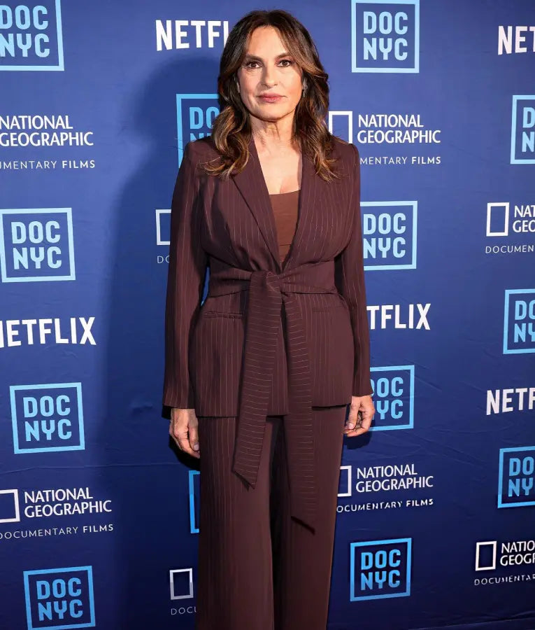 Burgundy pinstripe wrap coat inspired by Mariska Hargitay’s DOC NYC appearance