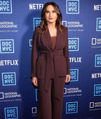Burgundy pinstripe wrap coat inspired by Mariska Hargitay’s DOC NYC appearance