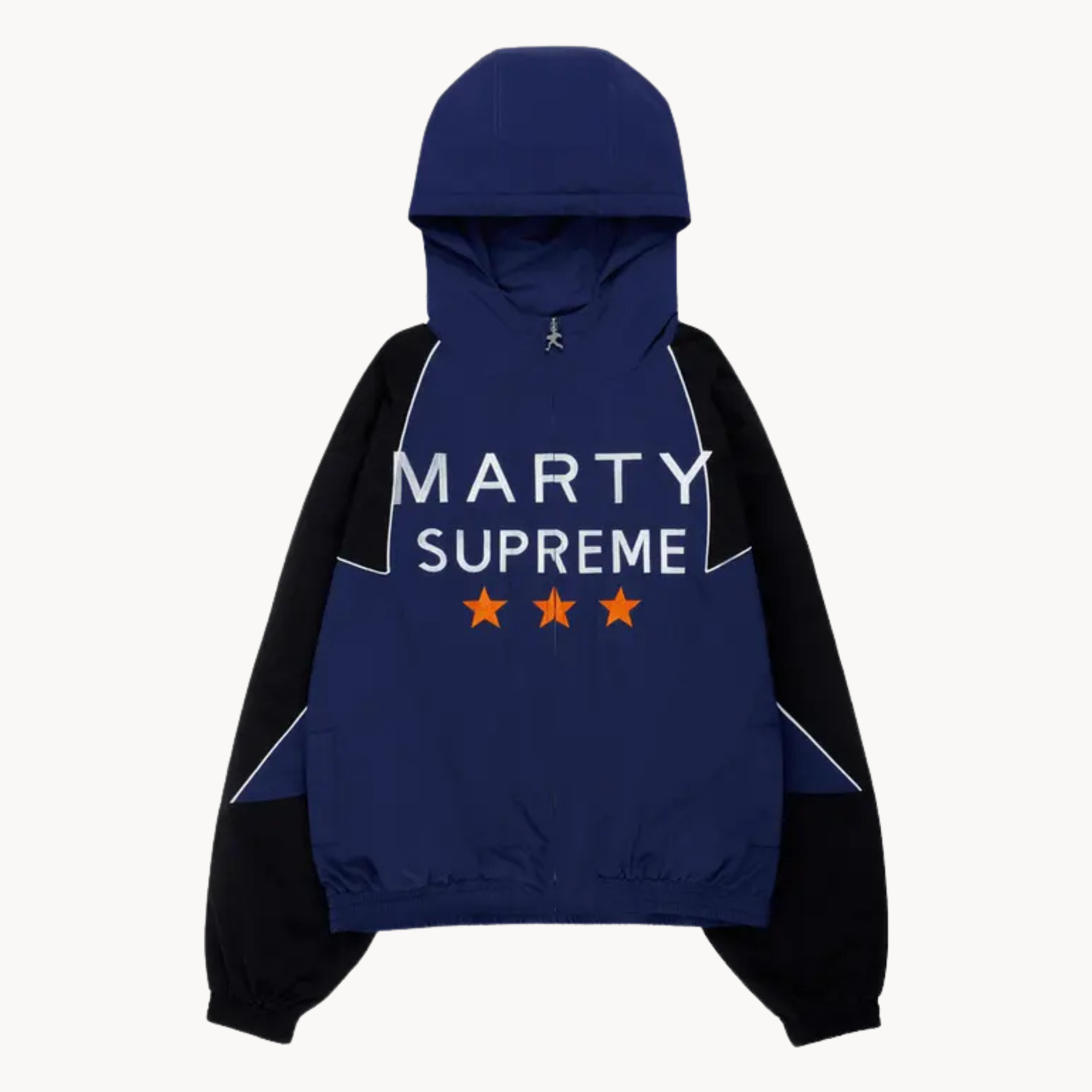 Marty Supreme chest print full-zip hooded track jacket with orange star chest graphics and white piping in blue.