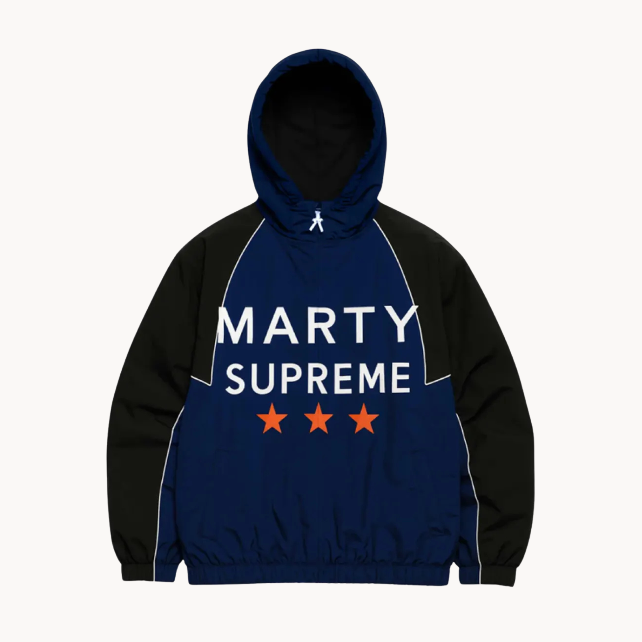 Marty Supreme navy black colorblock hooded full-zip windbreaker jacket with white contrast piping and star graphics