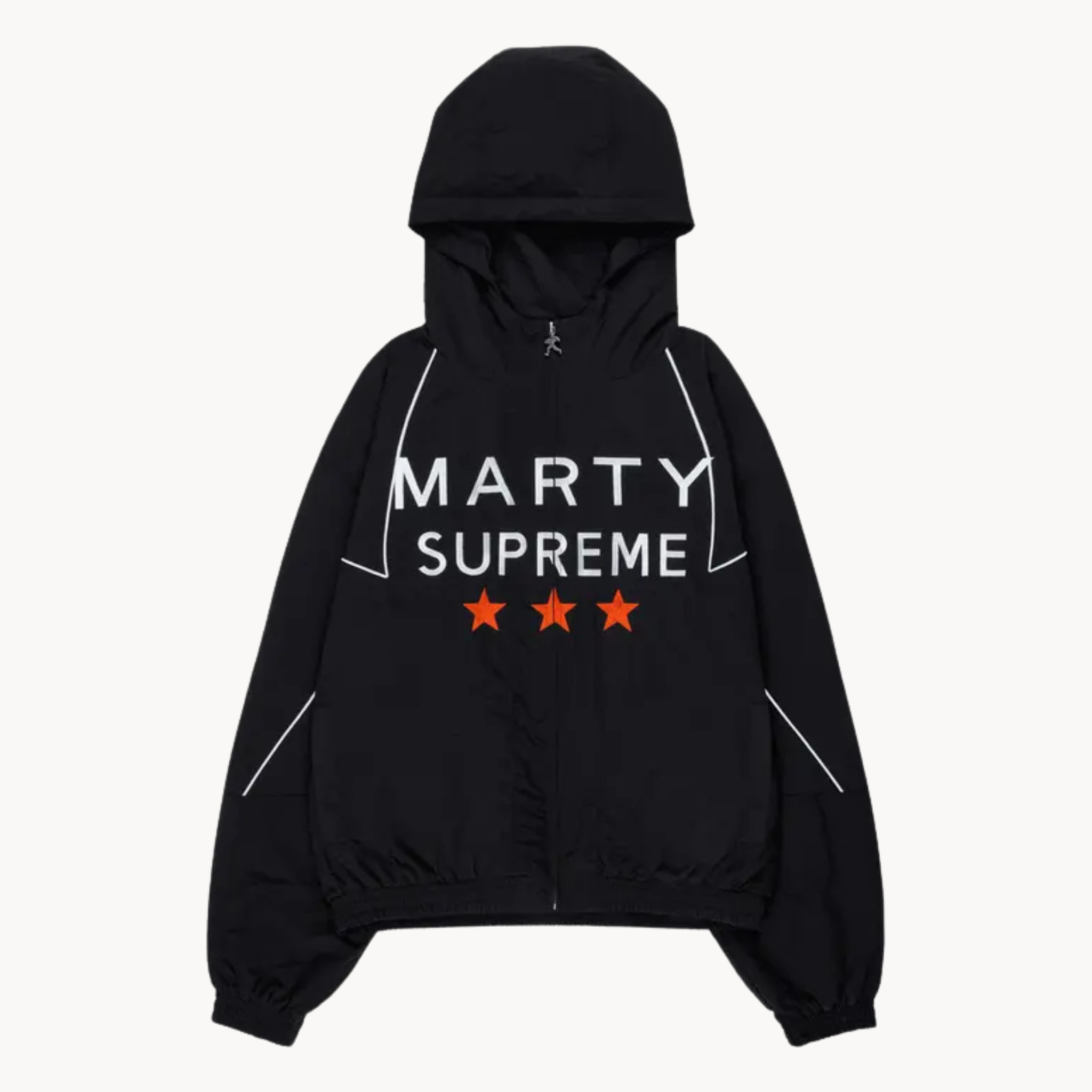 Marty Supreme hooded track jacket with bold orange star chest print and white piping, available in black.