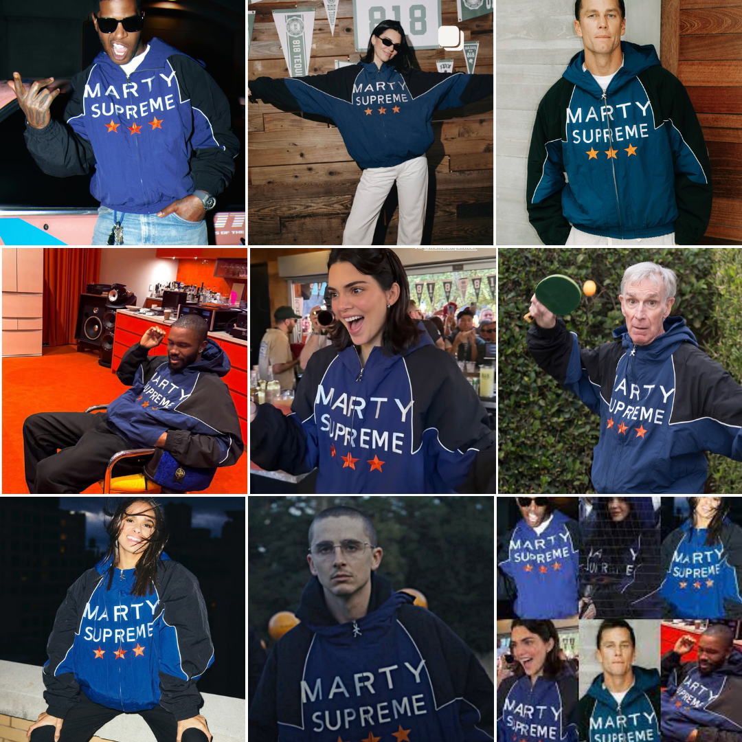 Marty Supreme full-zip track jacket featuring orange star chest print and white piping, available in blue, black, red, and orange.