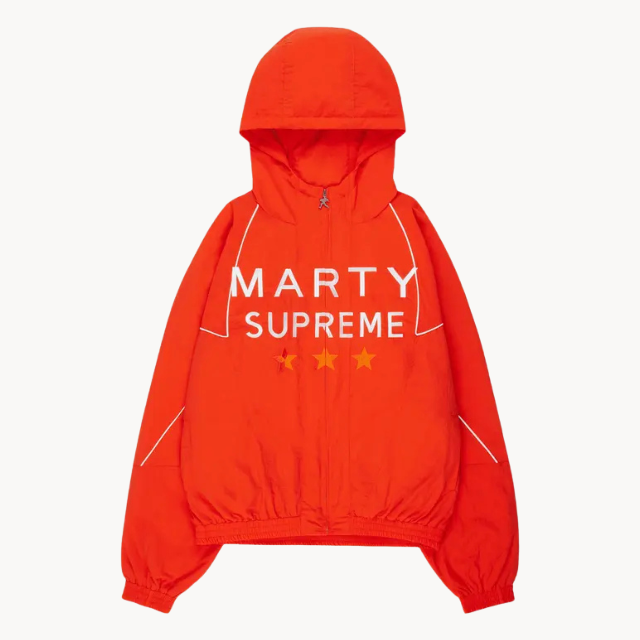 Sportswear Marty Supreme track jacket with chest print, orange star design, white piping, and hood in orange color.