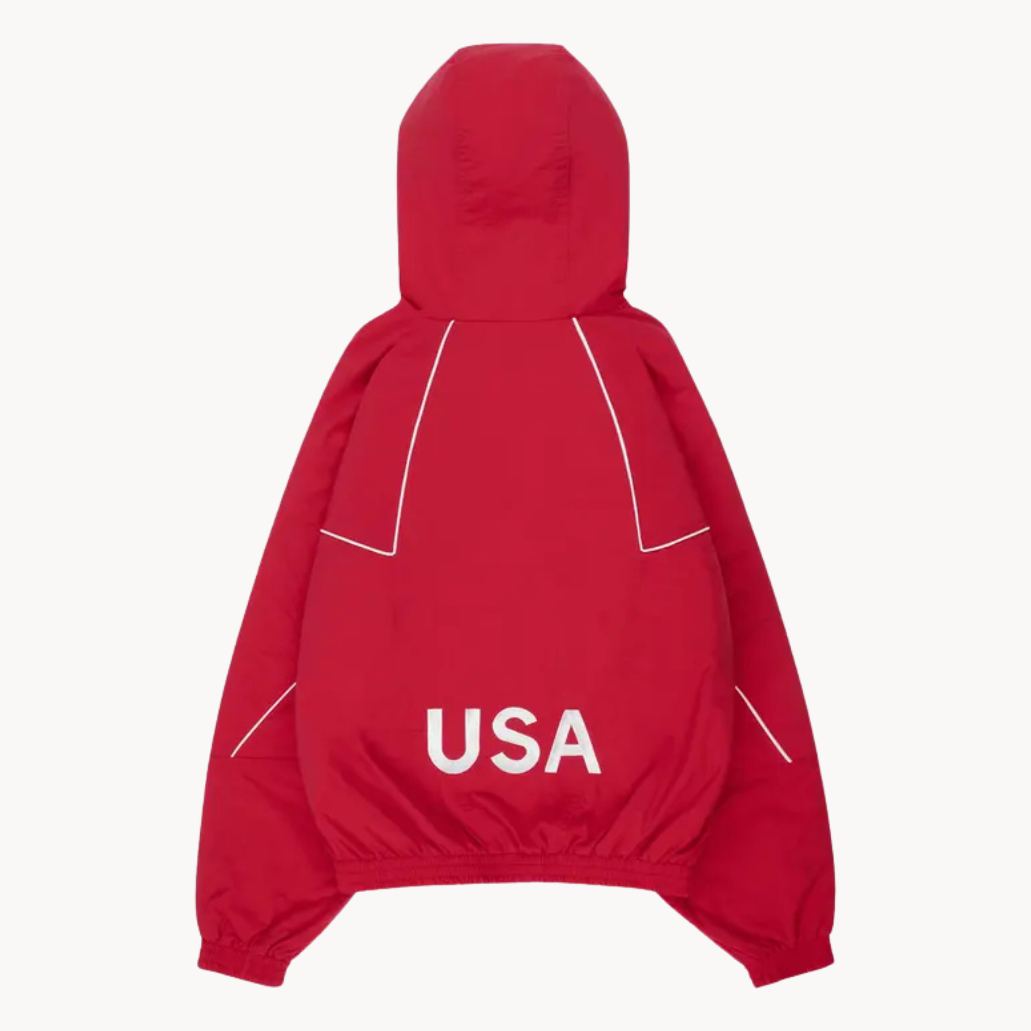 Athletic full-zip Marty Supreme track jacket with chest print, orange star design, and white piping in red color