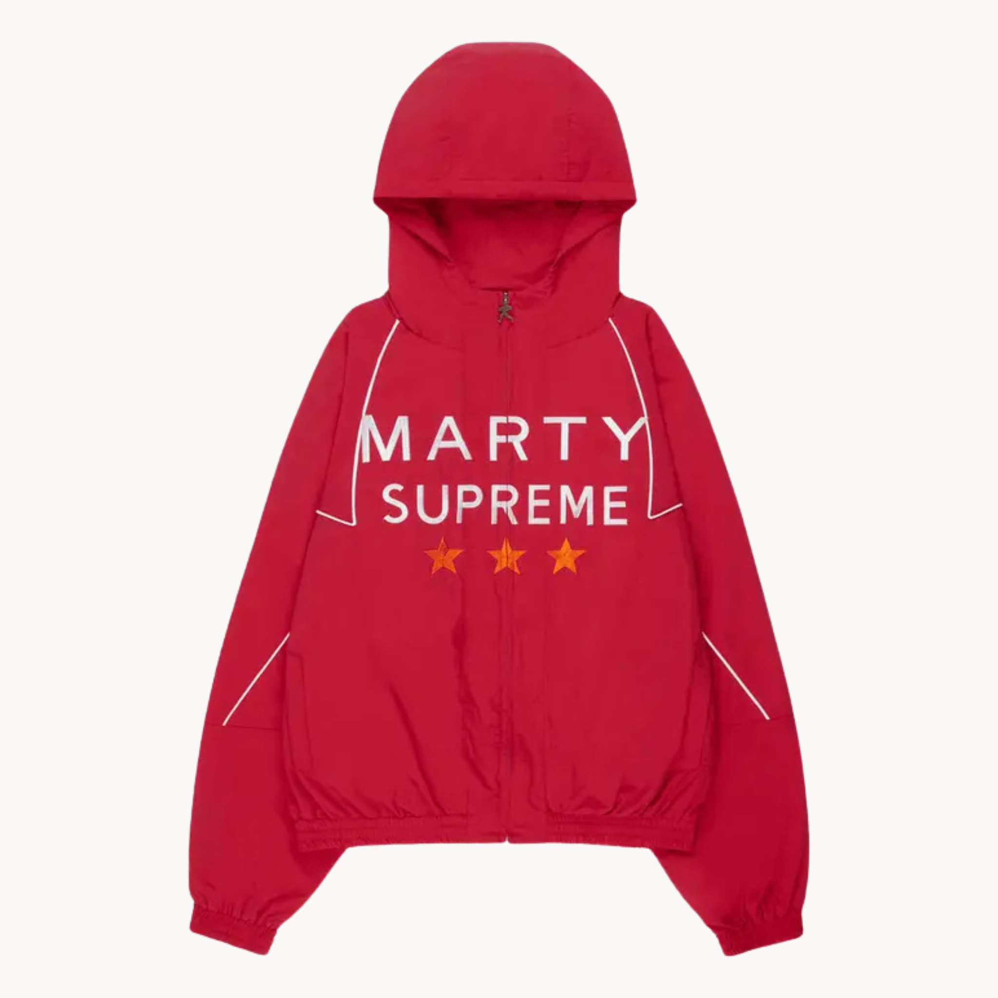Men’s Marty Supreme hooded track jacket with orange star chest graphics and white piping,red