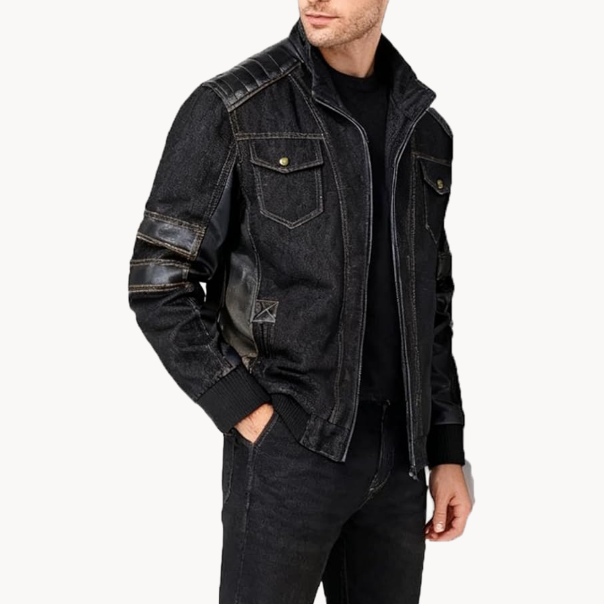 Randy Parker black leather zip jacket inspired by Beyond the Gates 2025