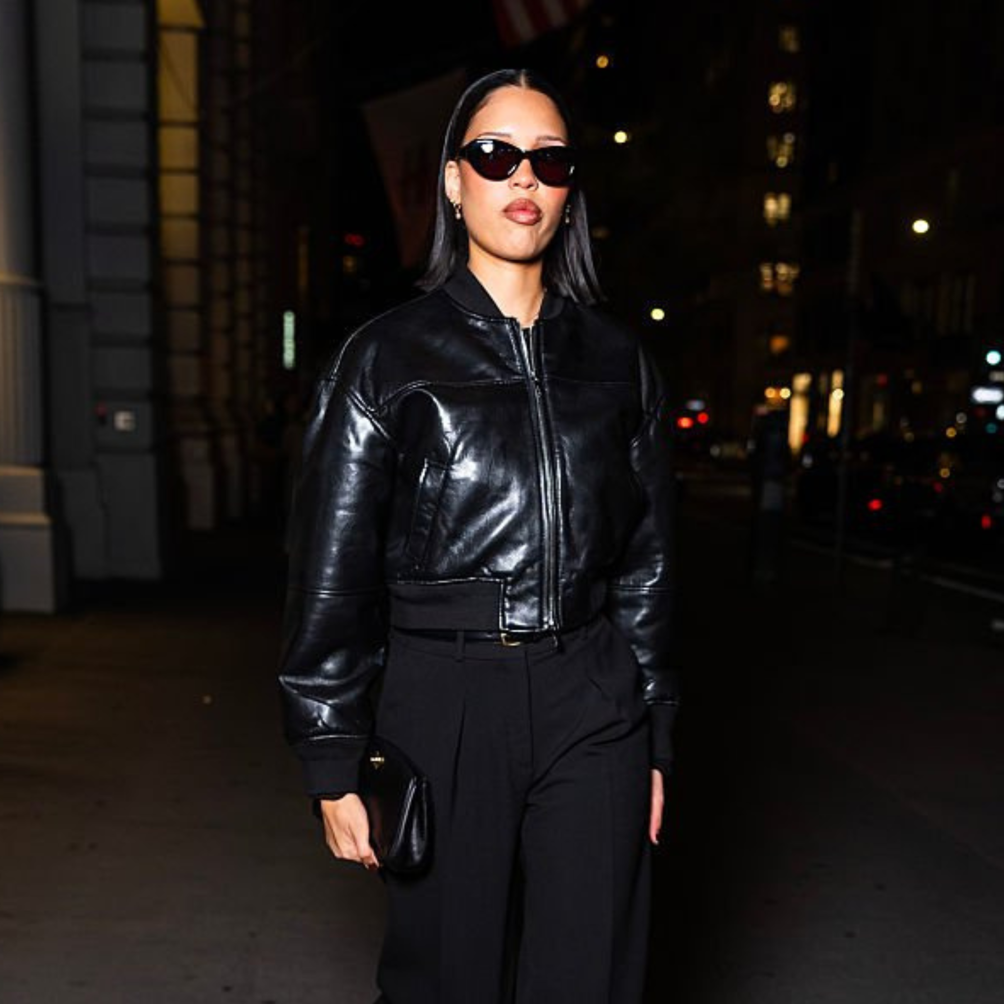 Nara Smith wearing black cropped bomber leather jacket at Aritzia Flatiron Store Opening NYC 2025