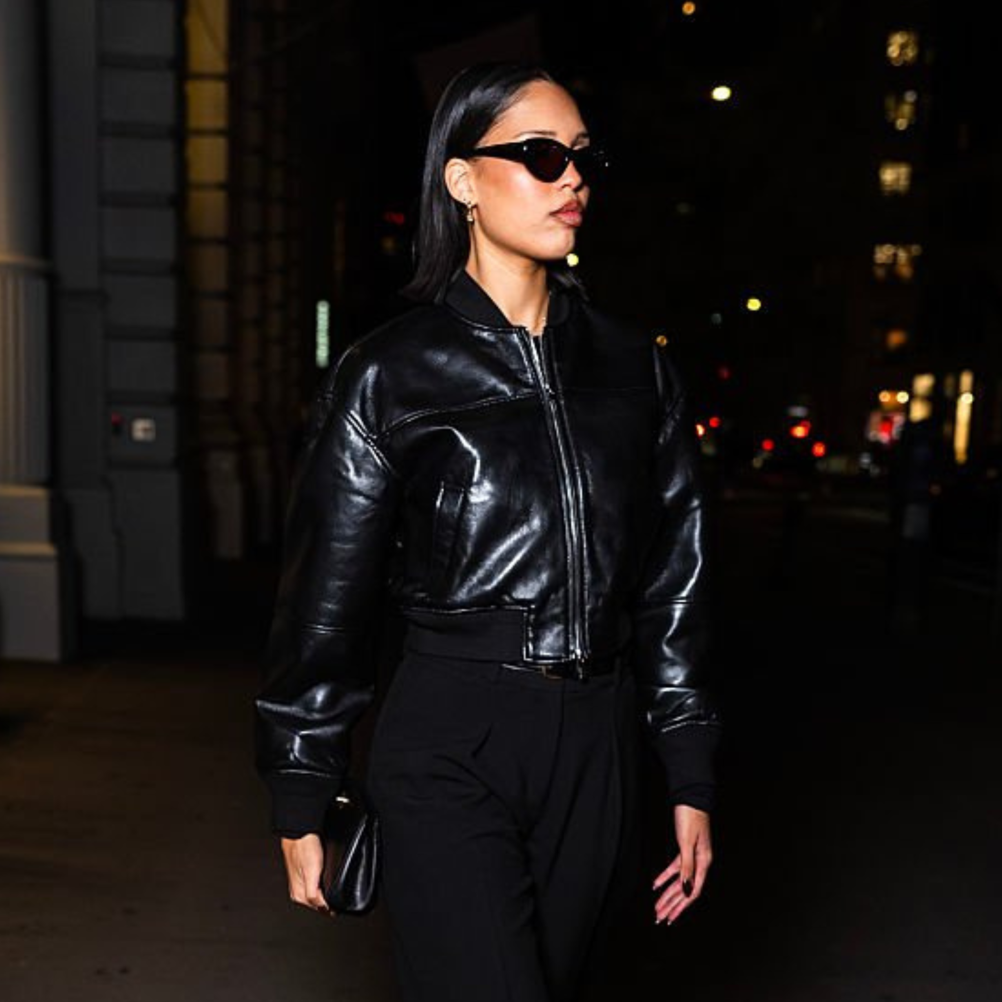 Nara Smith 2025 Aritzia Flatiron appearance in black cropped bomber leather jacket