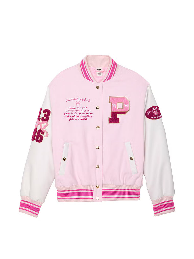 PINK x LoveShackFancy Reissued Boyfriend Varsity Jacket OuterMode