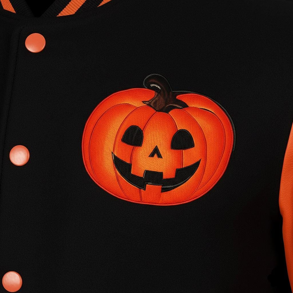 Trendy black and orange letterman jacket inspired by Halloween fashion