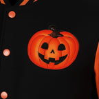 Trendy black and orange letterman jacket inspired by Halloween fashion