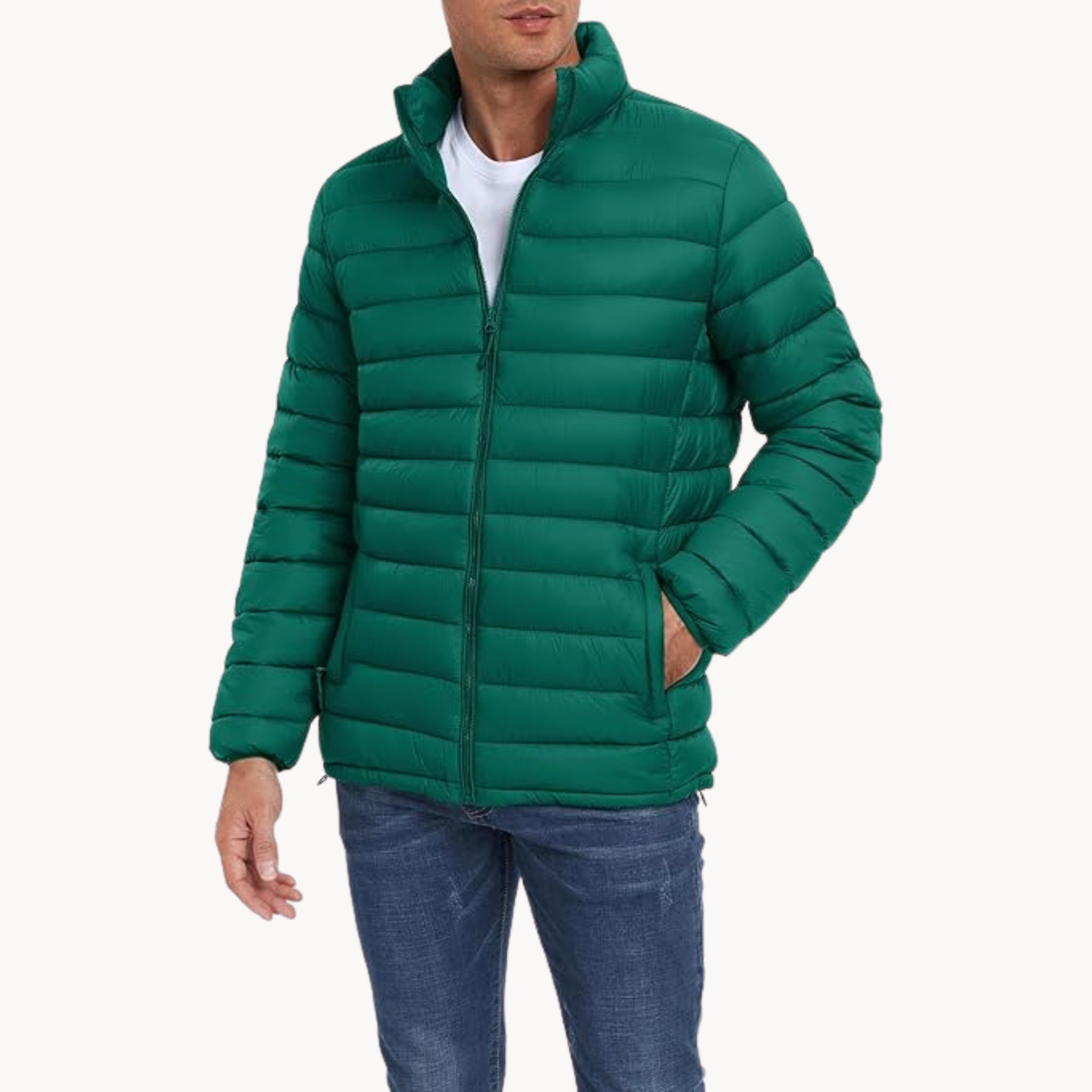Stand collar emerald green quilted puffer jacket inspired by Shetland