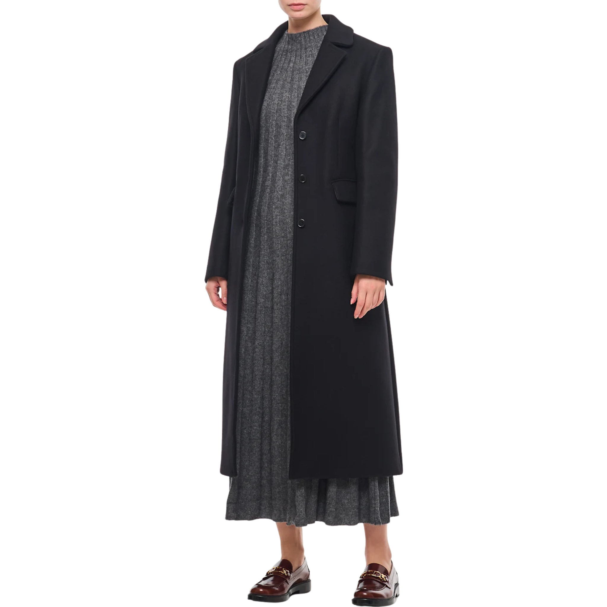 Celebrity-inspired Allison Janney black wool coat outfit from The Diplomat