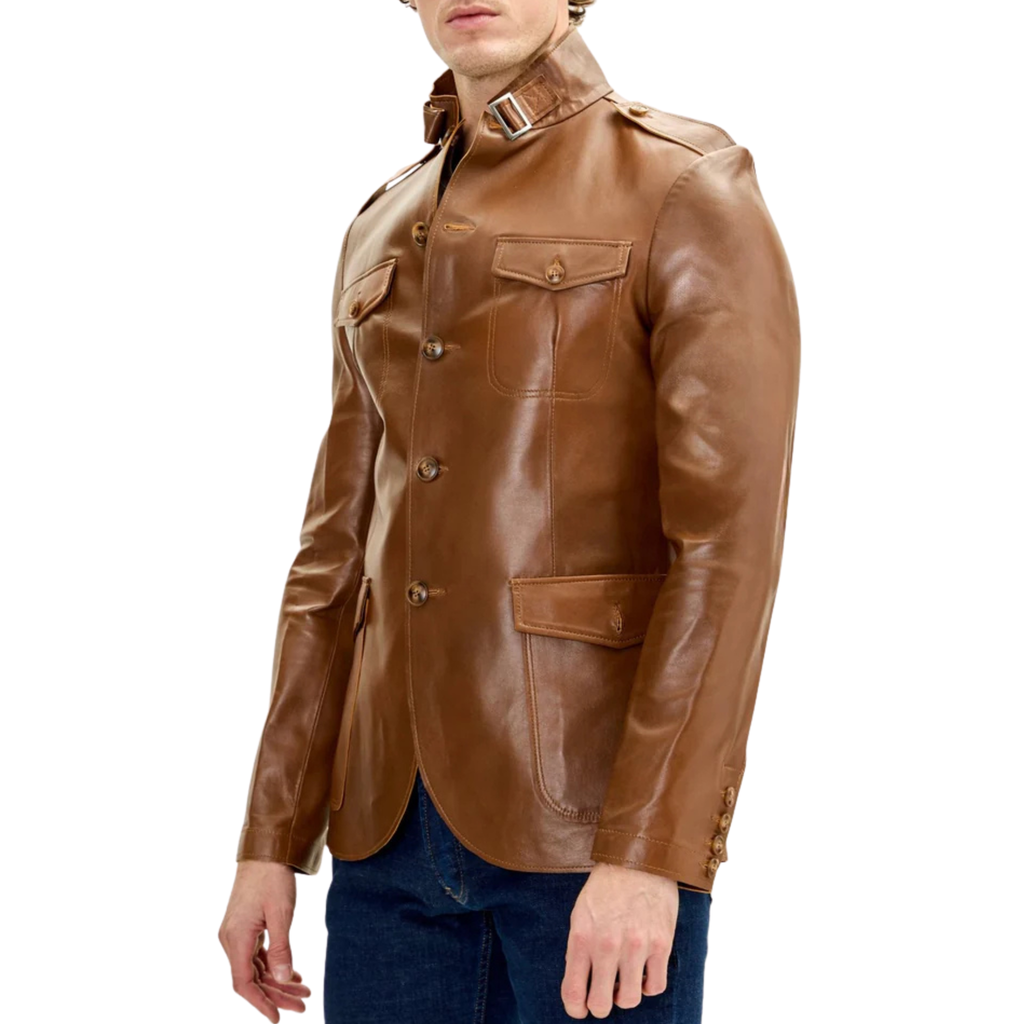 Celebrity-inspired brown safari jacket worn by Vernon Dupree in Beyond the Gates