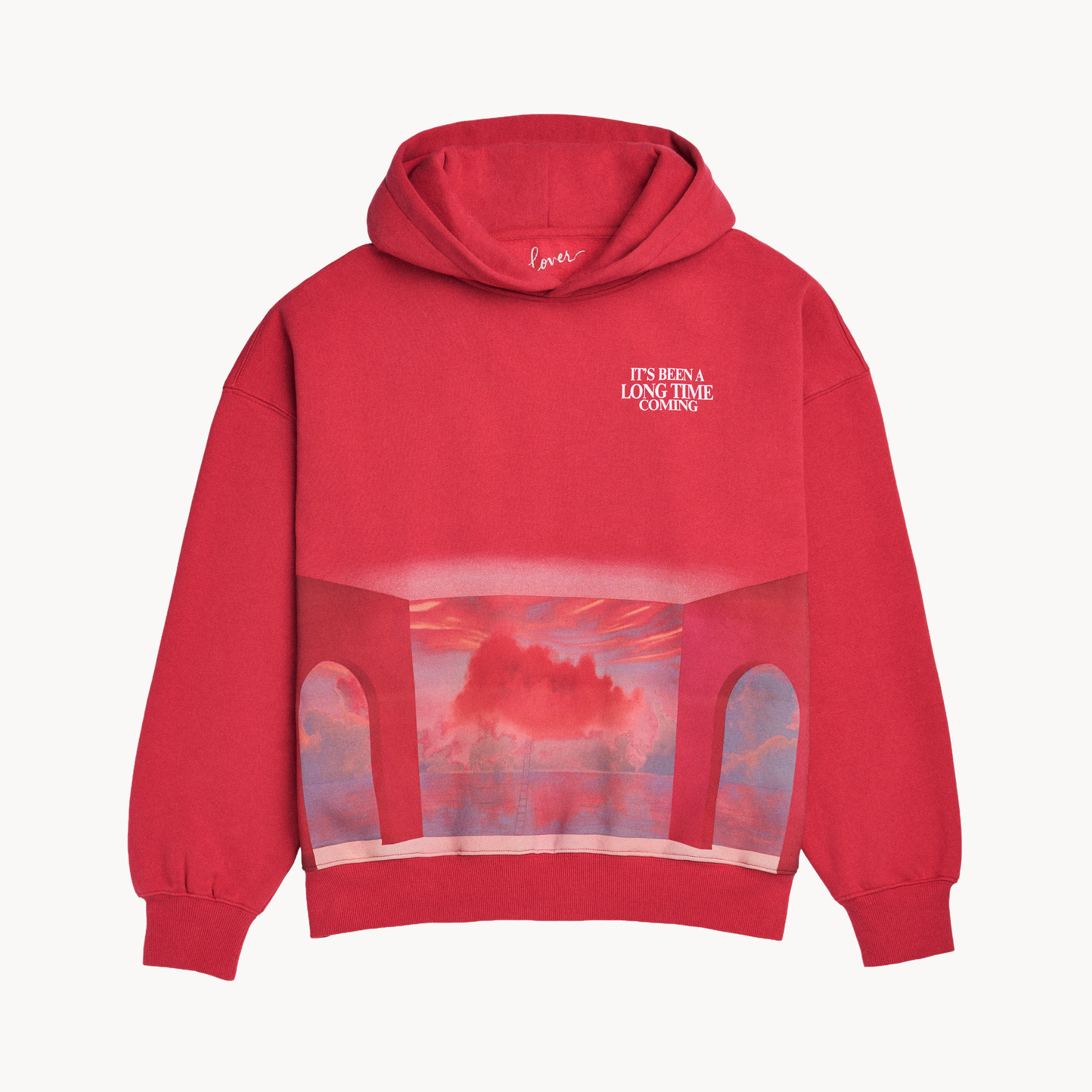 Crimson red oversized pullover hoodie with Taylor Swift “It’s Been a Long Time Coming” architectural graphic