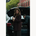 Lake Bell wearing a burgundy notch lapel coat as Barb Trosper in The Chair Company S01E05