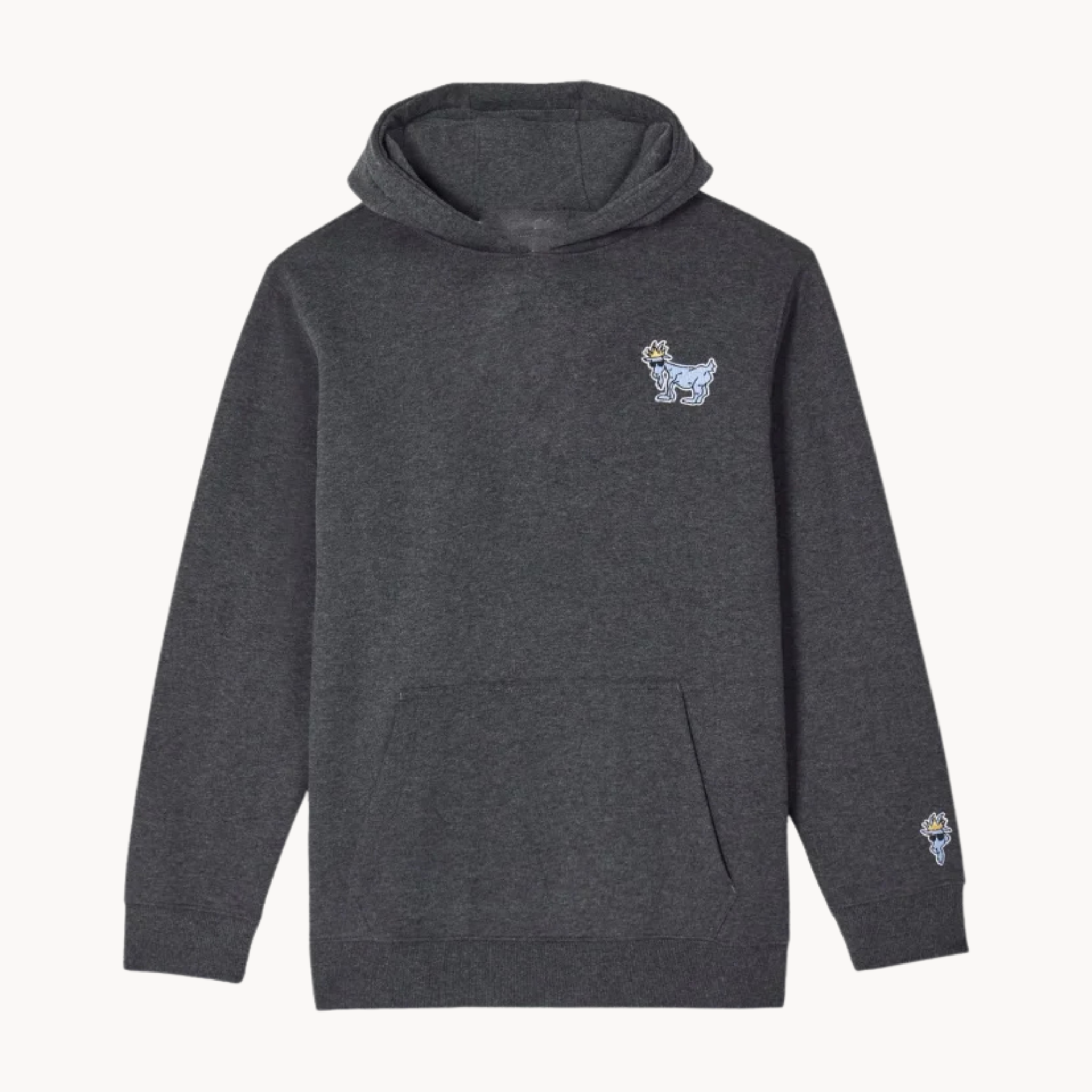 Calvin Fichera dark gray pullover hoodie with “King of the Wild” embroidered cartoon crown logo on The Today Show 2025