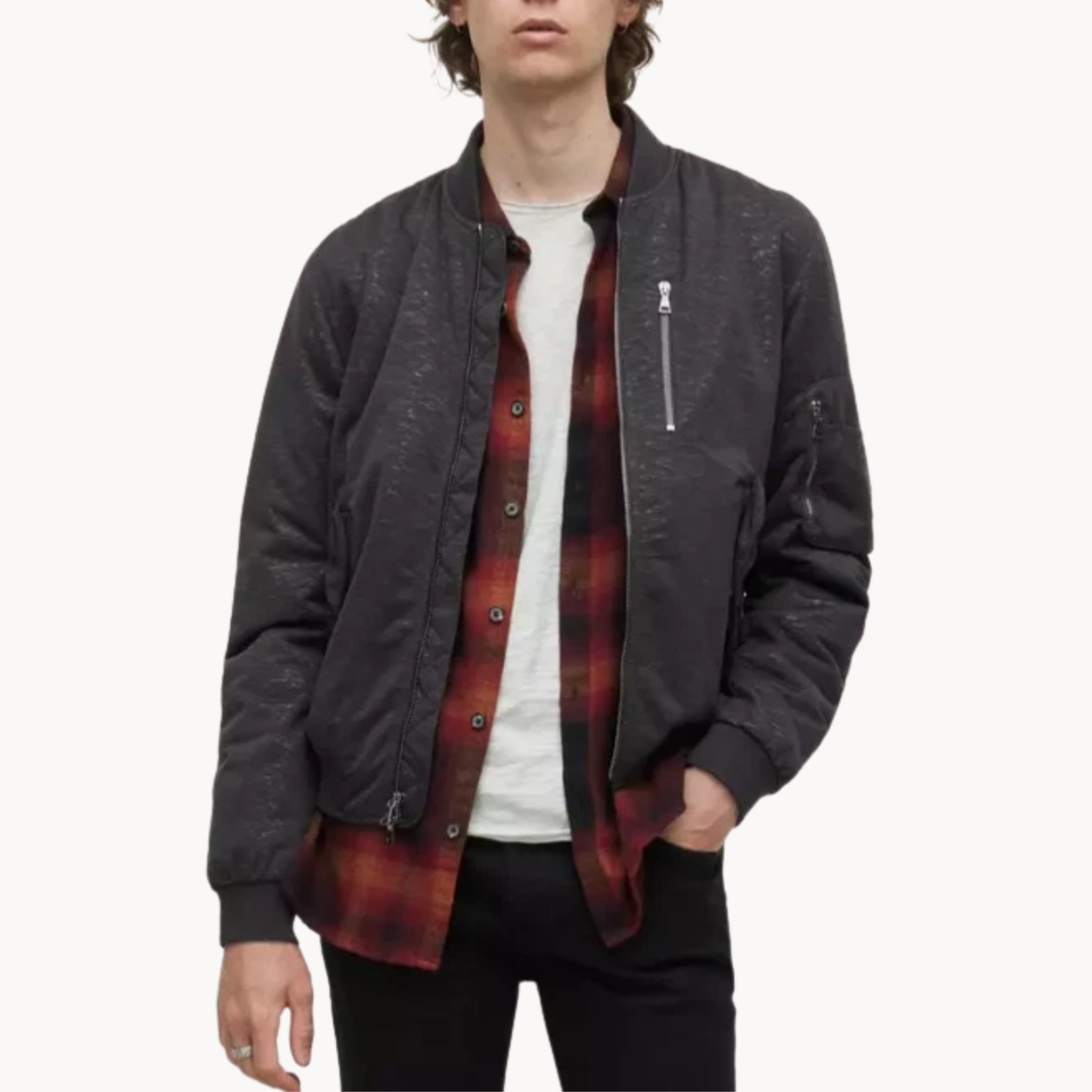 Black zip-up bomber jacket inspired by Nathan Owens Y&R 2025