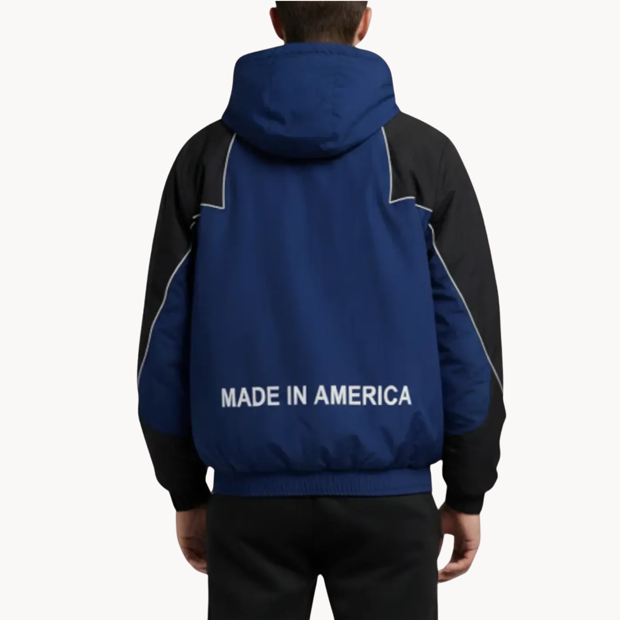 Full-zip navy black Marty Supreme windbreaker with white piping and star details