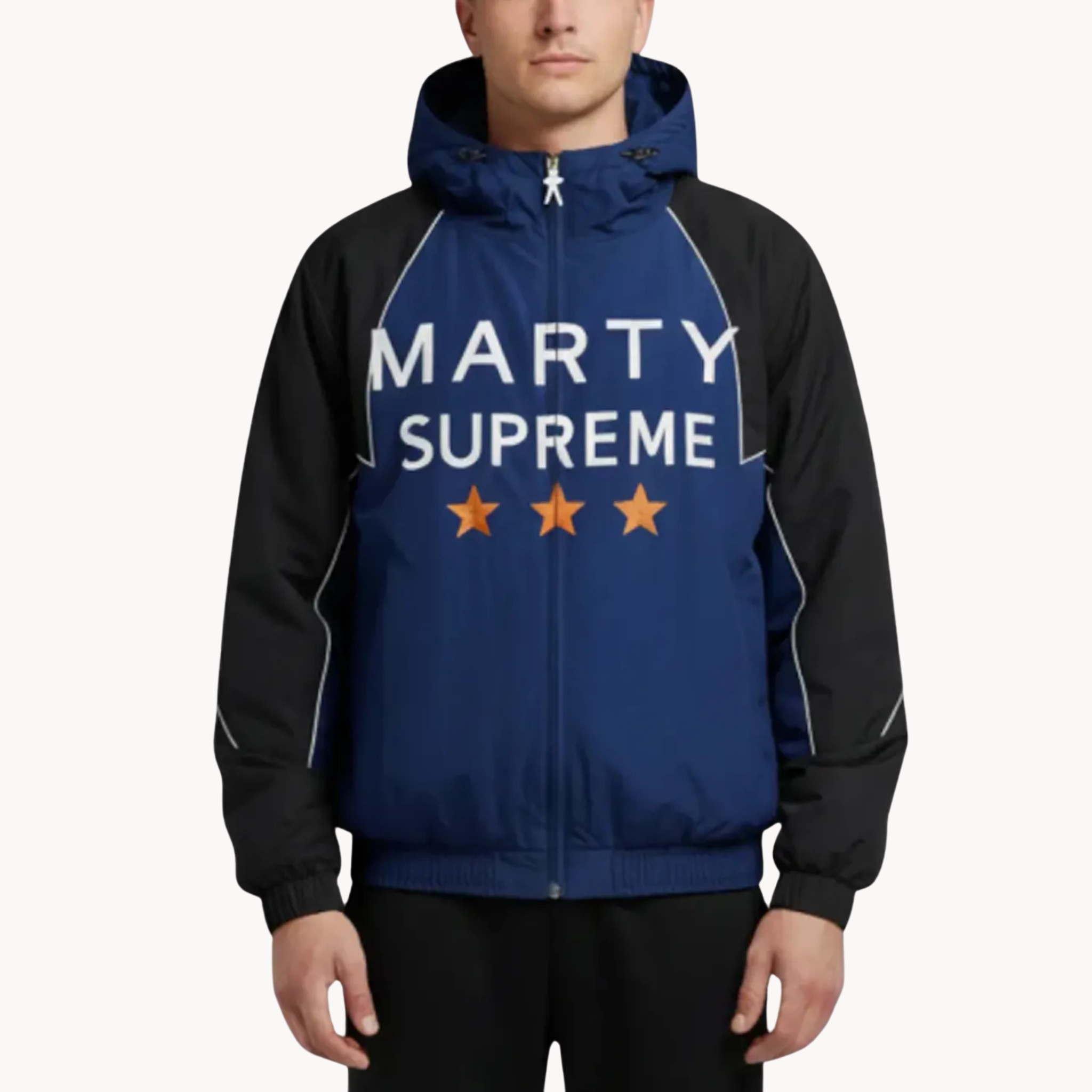 Navy black hooded windbreaker jacket with star graphics inspired by Marty Supreme