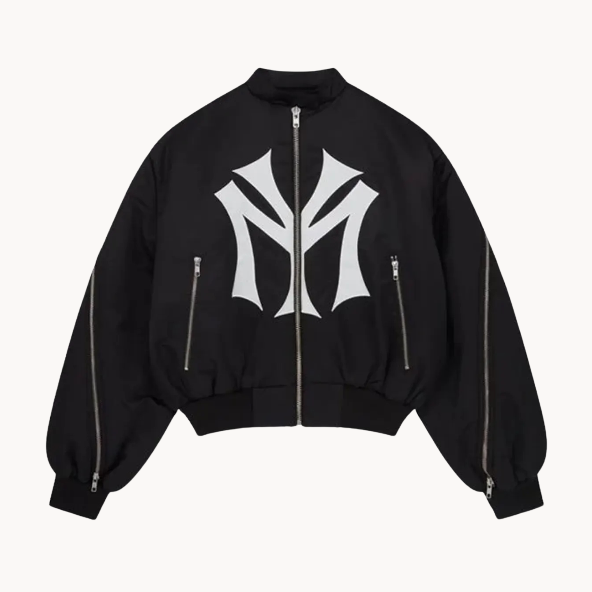 Oversized black cropped bomber jacket with My City Front NY logo print and sleeve zippers inspired by Timothée Chalamet’s style.