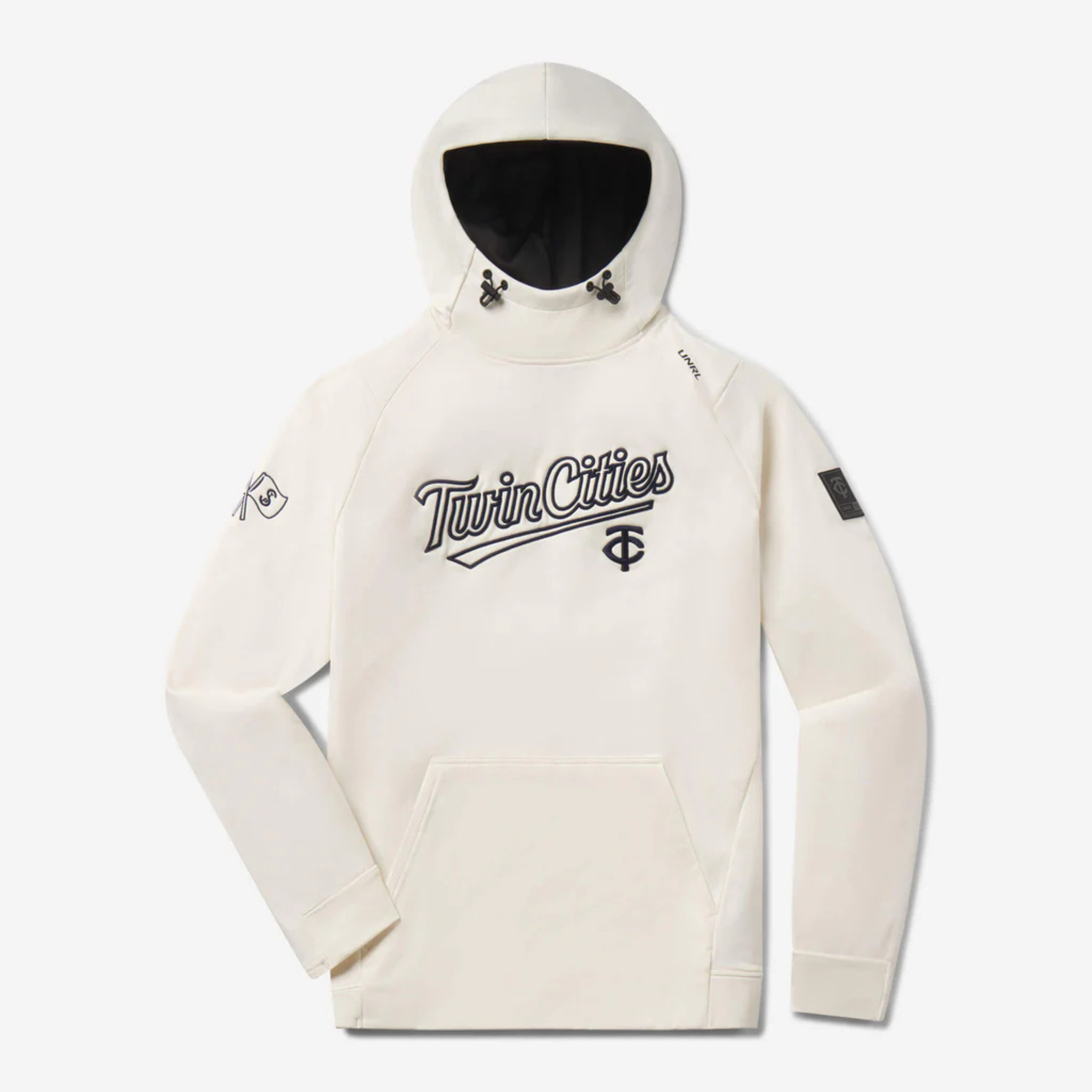 UNRL x Minnesota Twins off-white high-neck performance hoodie with Twin Cities script and raglan sleeves