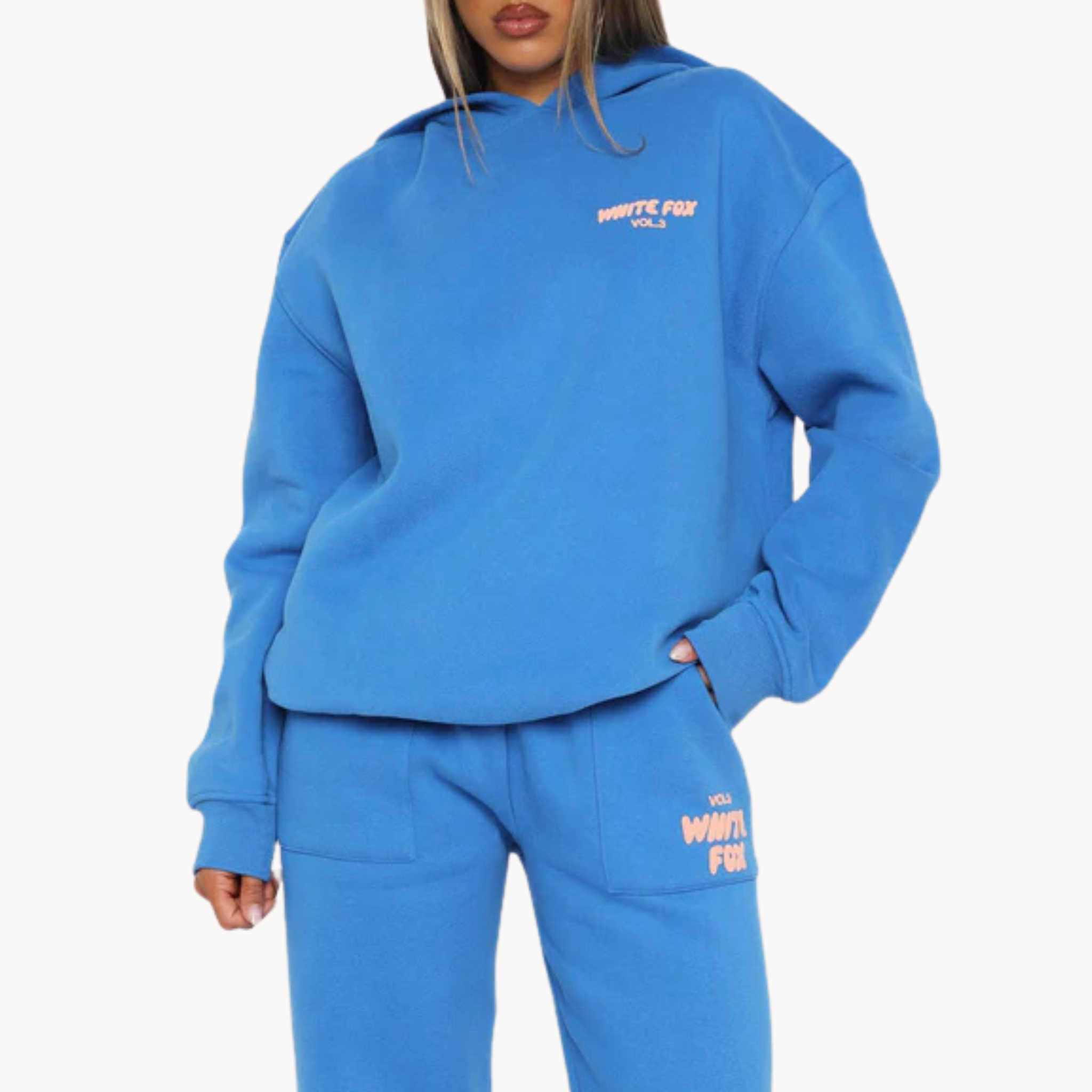 White Fox Vol. 3 royal blue oversized pullover hoodie with peach puff print branding
