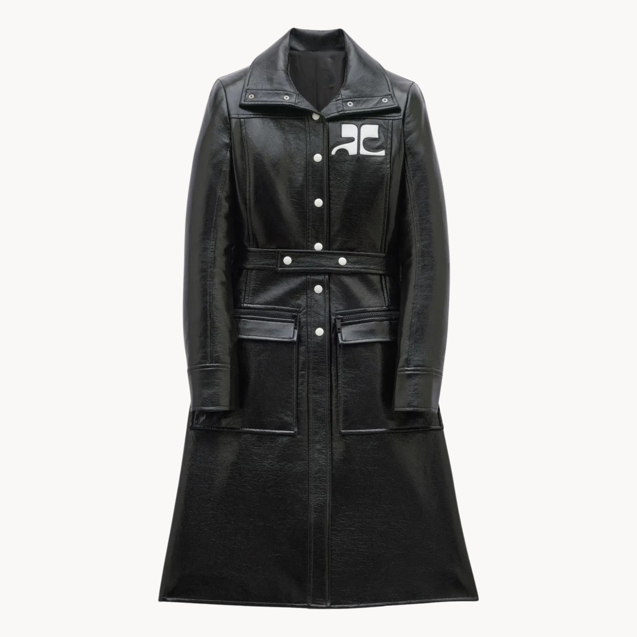 Celebrity-style Courrèges logo-patch trench coat from Wild Cherry S1E5