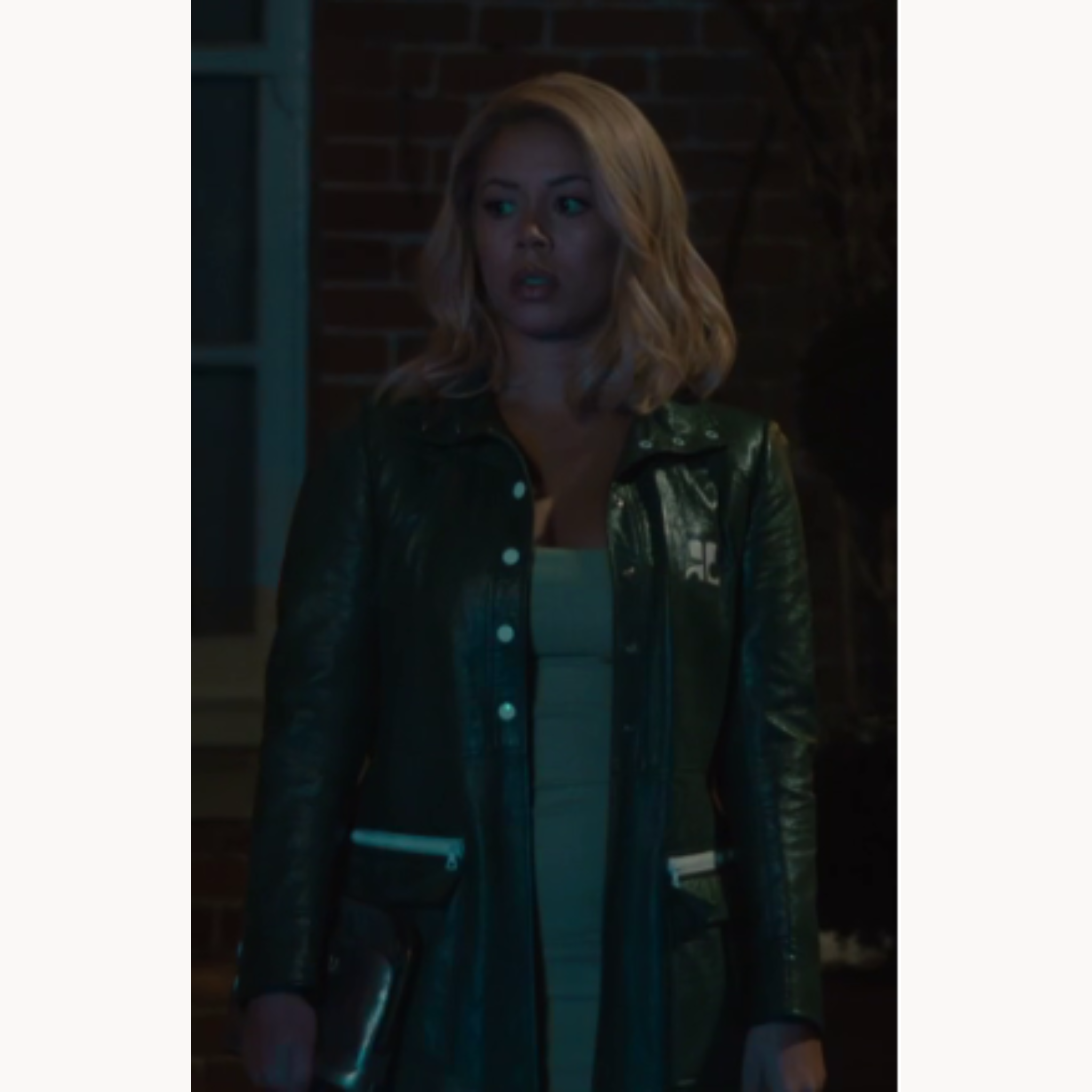 Gigi White wearing Courrèges logo-patch black trench coat in Wild Cherry Season 1 Episode 5