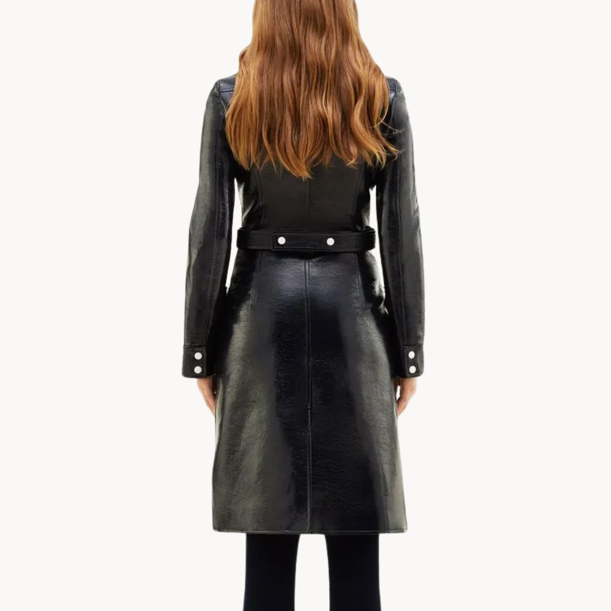 Women’s black Courrèges trench coat similar to Gigi White’s outfit