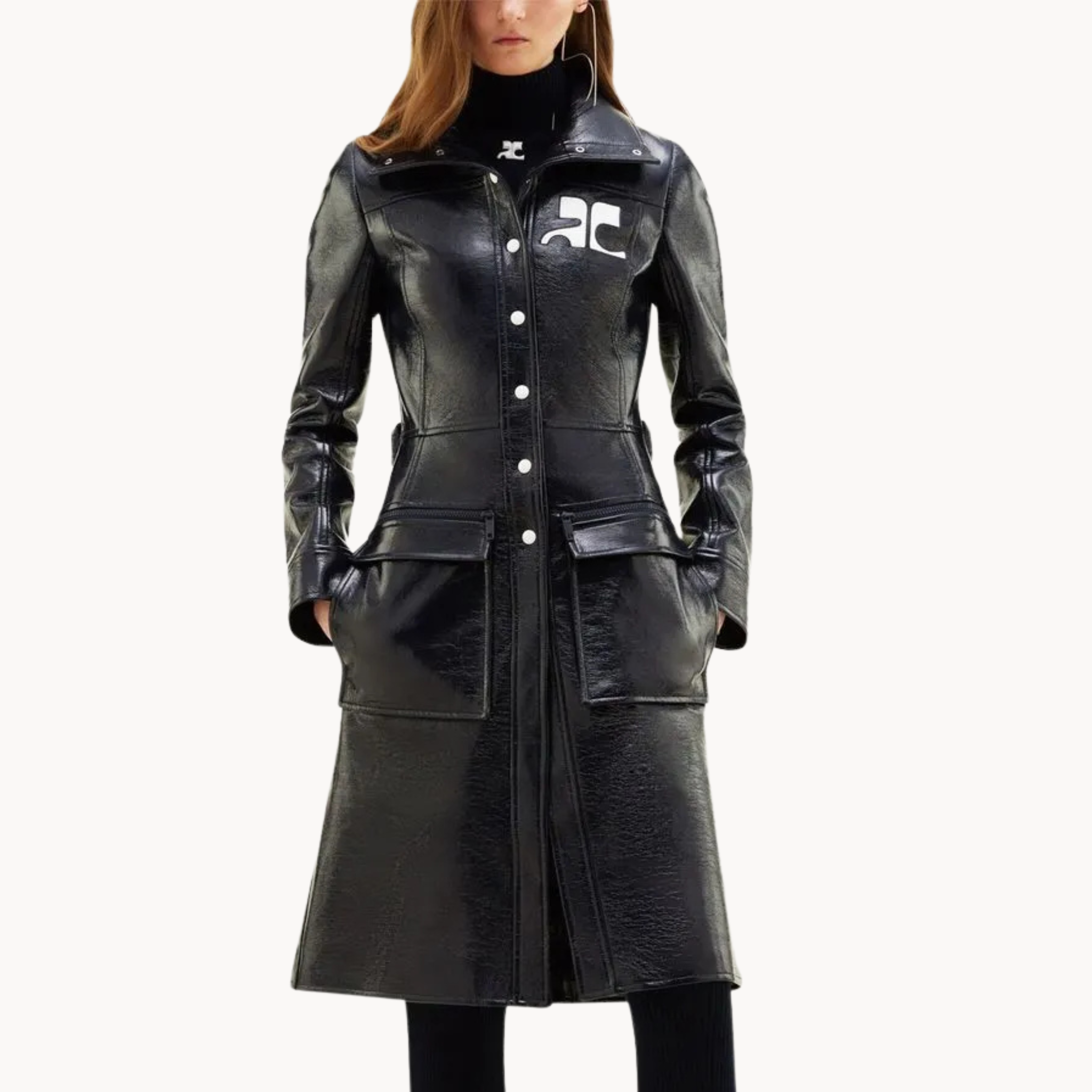 Black trench coat with Courrèges logo patch inspired by Gigi White Wild Cherry