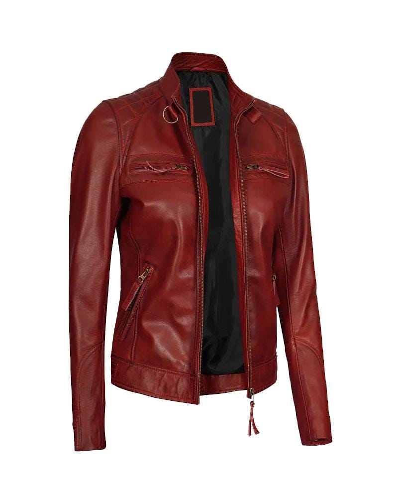 Women's Maroon Lambskin Leather Biker Jacket OuterMode