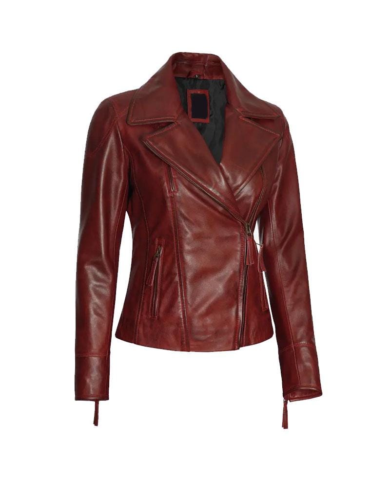 Maroon Asymmetrical Motorcycle Leather Jacket OuterMode