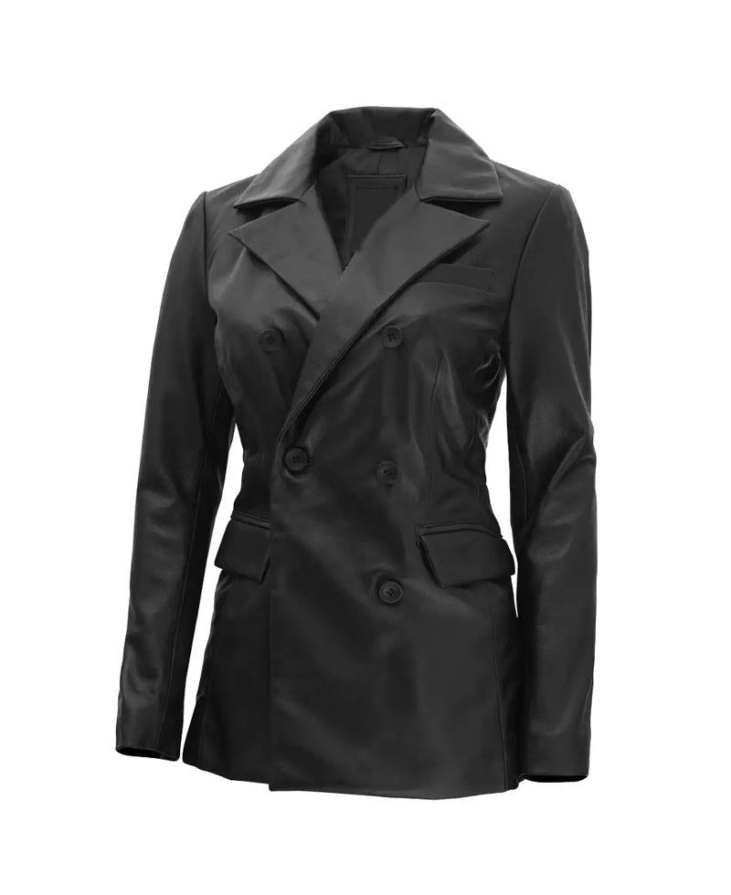 Women's Double Breasted Blazer Leather Jacket OuterMode