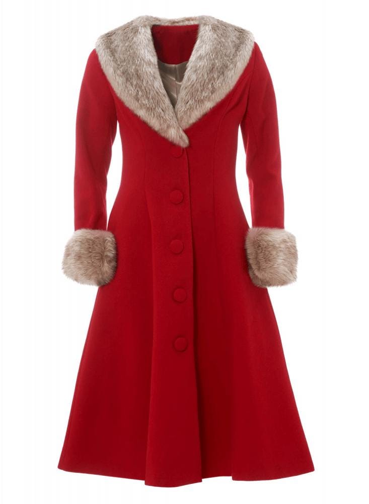Vintage 1950s Faux Fur Collar & Cuffs Red Wool Coat OuterMode