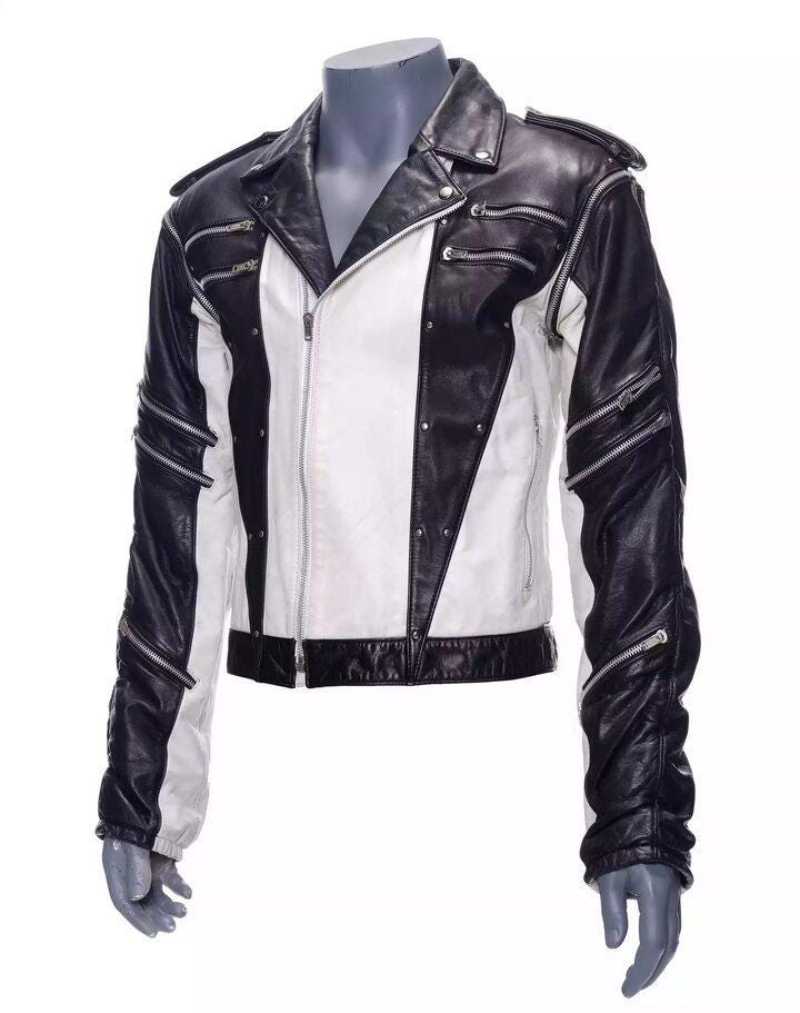 Michael Jackson Black and White Biker Leather Jacket OuterMode