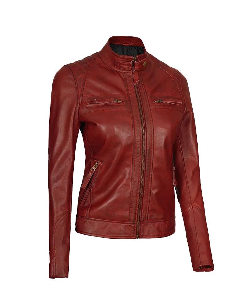 Women's Maroon Lambskin Leather Biker Jacket OuterMode
