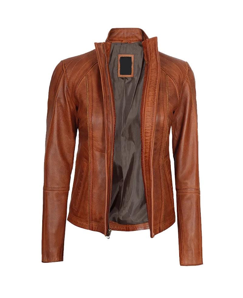 Acerra Women Cognac Brown Cafe Racer Genuine Leather Jacket OuterMode